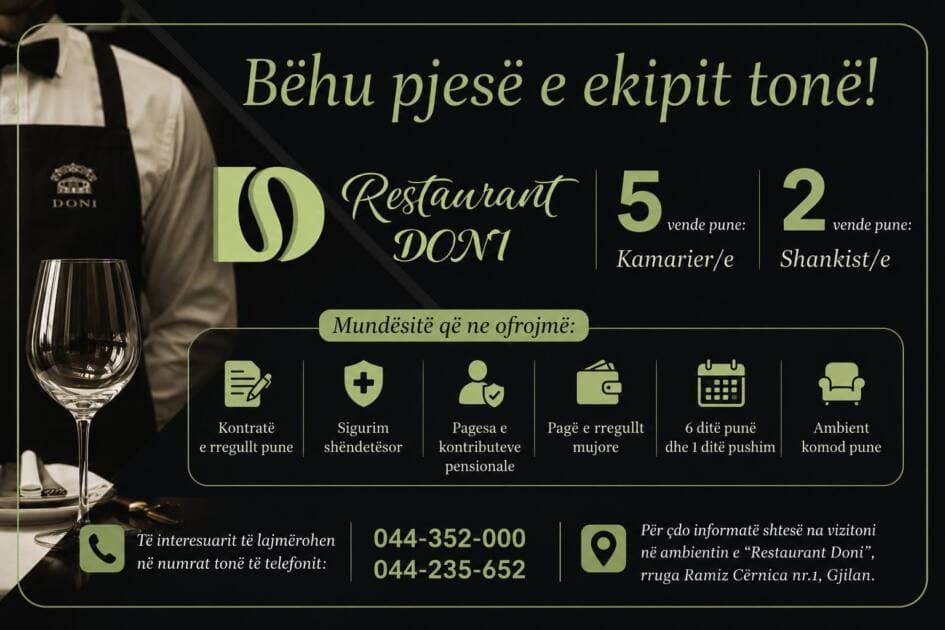 Restaurant Doni hap vende të reja pune në Gjilan